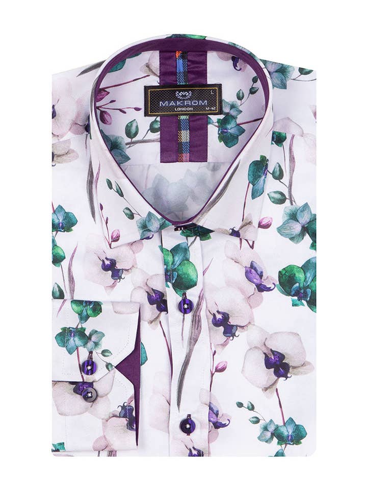 Groen overhemd met orchideeënprint en bloemenprint voor wholesale door Makrom