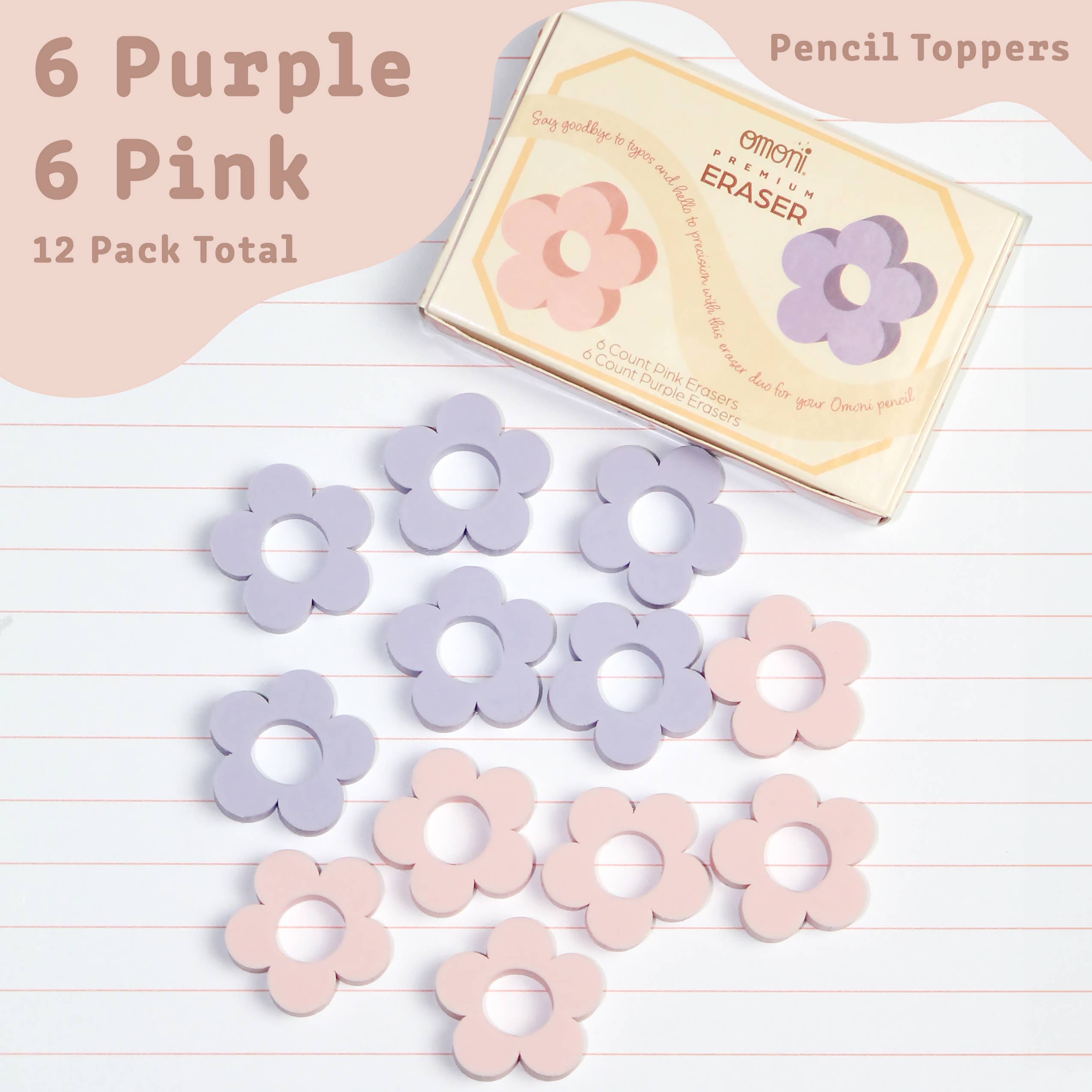Omoni Designs – wholesale Eraser – Daisy Pencil Top Pink & Purple Eraser 12 Pack2