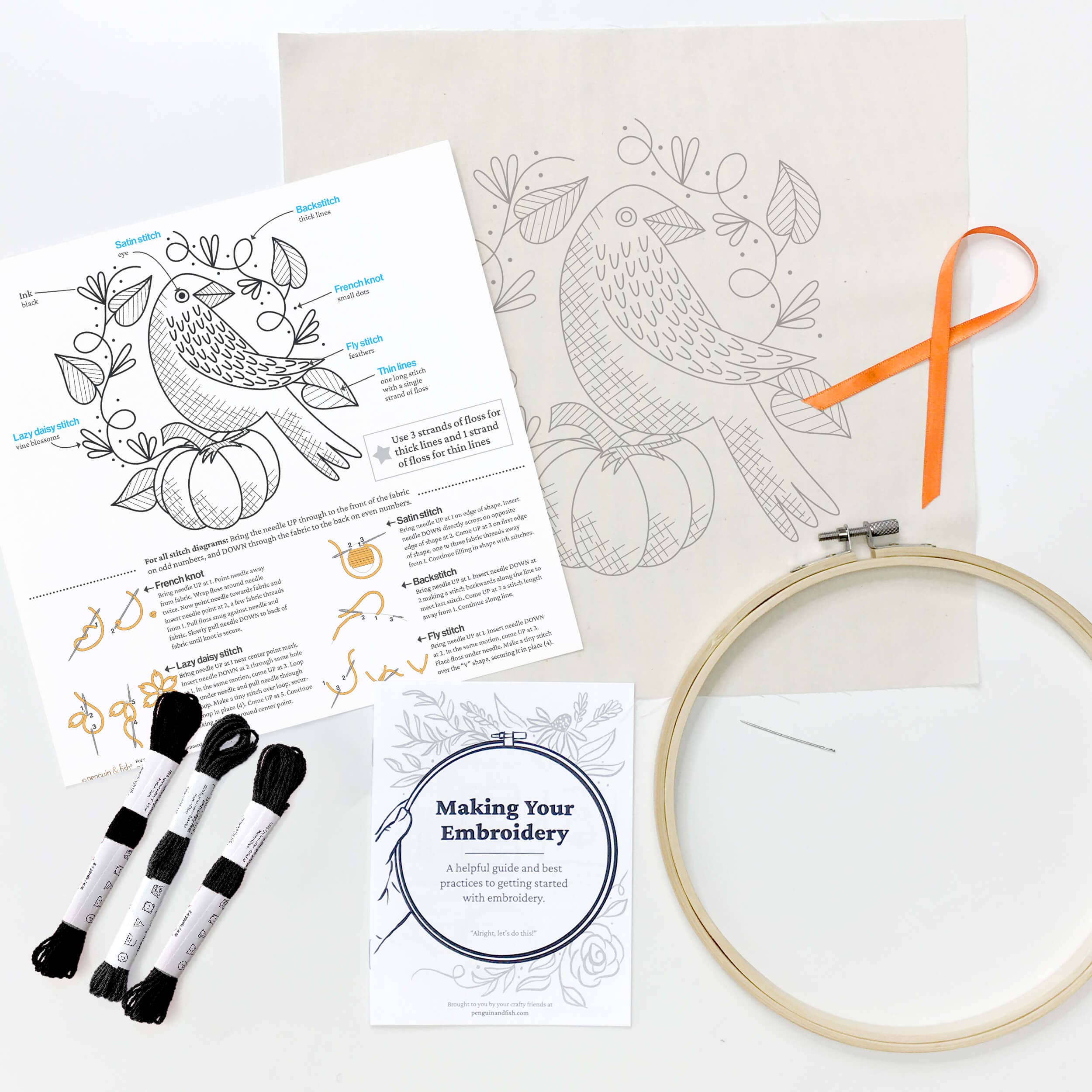 Penguin & Fish - Vendita all'ingrosso Attrezzatura per ricamo/punto croce - Kit da ricamo con corvo da 20 cm3