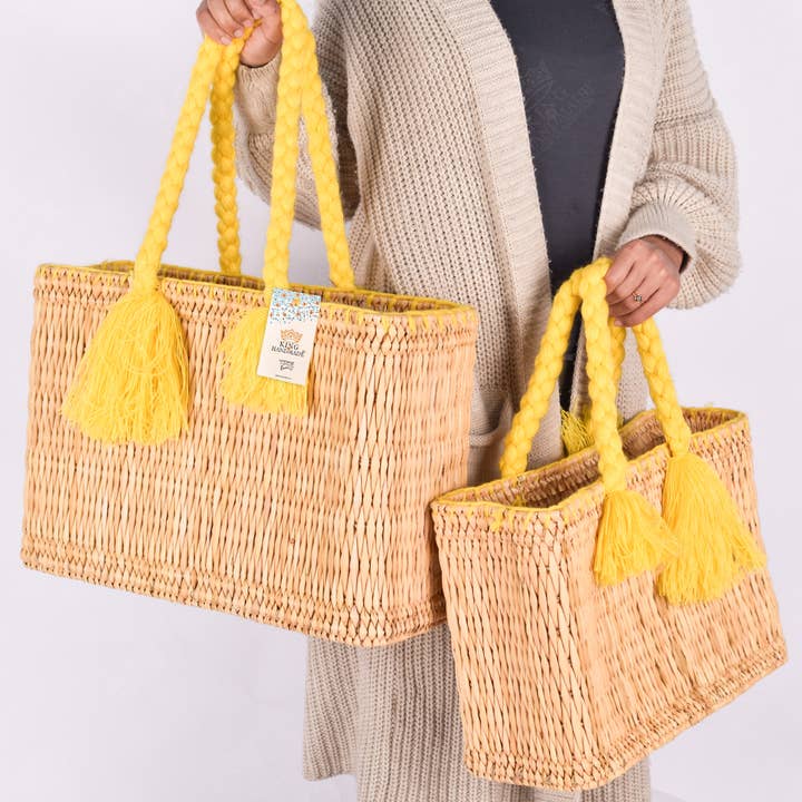 King Of Handmade - Wholesale Beach Bag - Handmade Straw Tote with Braided Yellow Handles - Party Bag