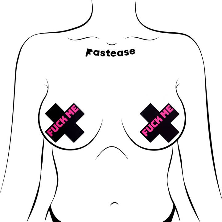 Pastease® – wholesale Nipple pasties – Women’s – Plus 'Fuck Me' Black Cross on Neon Pink Base Nipple Pasties
