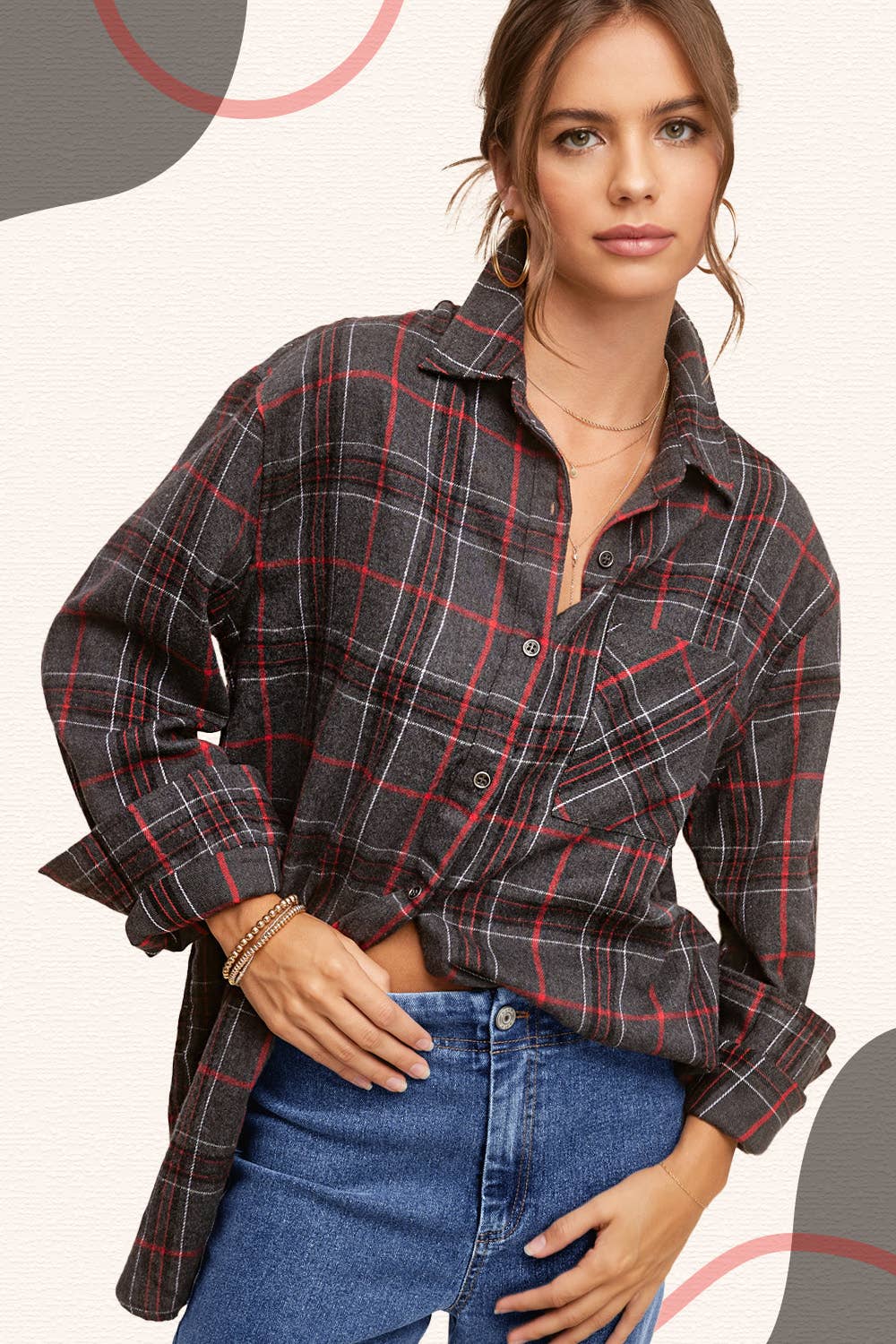 La Miel - Wholesale Button Down Shirt - Women's - SRT1312-Loose Fit Button Down Soft Fabric Plaid Shirts14