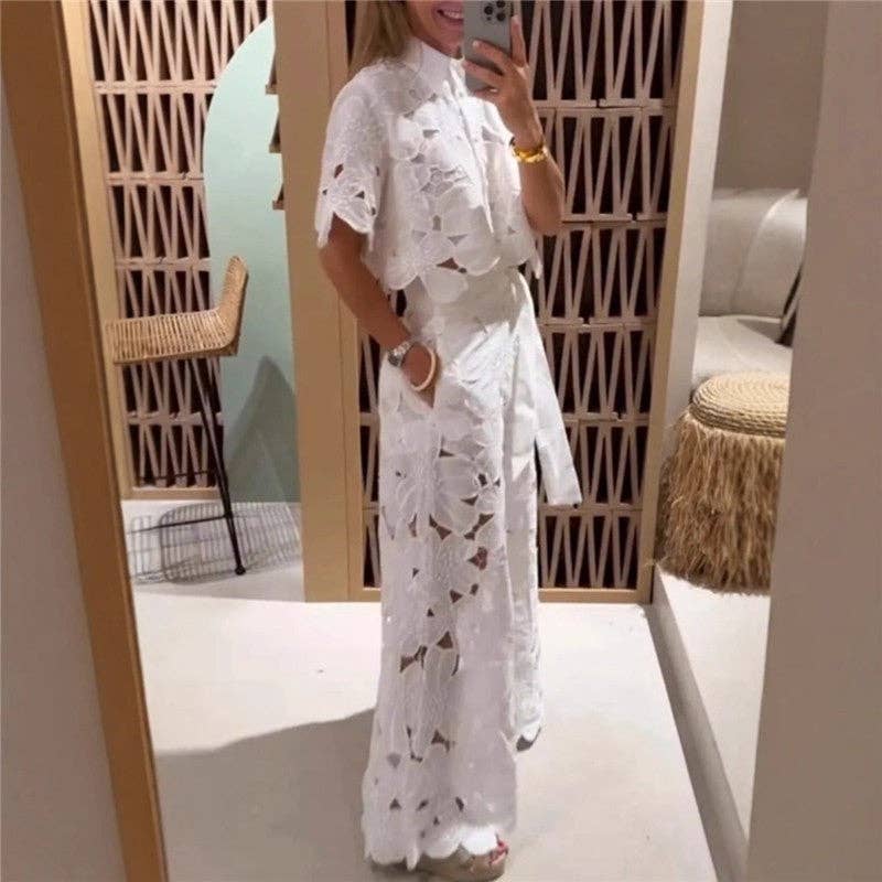 BLANCO Conjunto de cárdigan calado bordado y pantalones de pierna ancha de venta al por mayor en Faire2