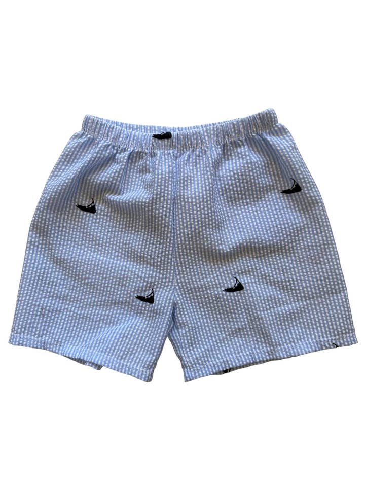 Light Blue Seersucker Shorts with Navy Nantucket for wholesale by Piping Prints