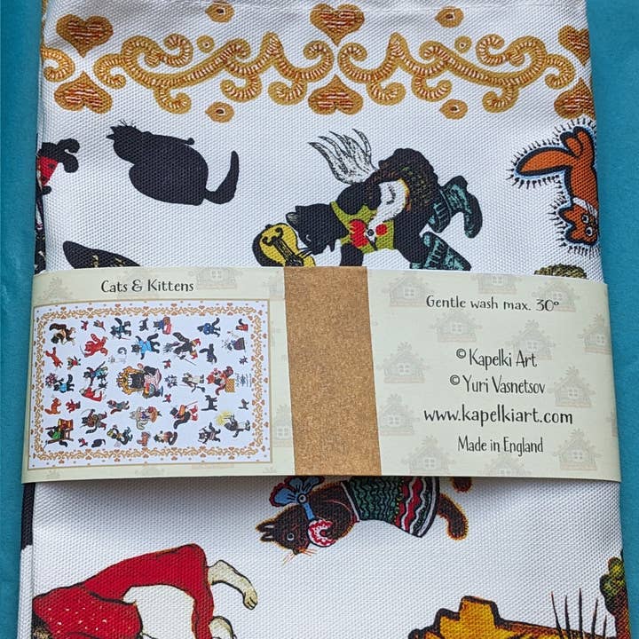 Kapelki Art - Wholesale Tea Towel - Folk art Cats and Kittens organic cotton tea towel2