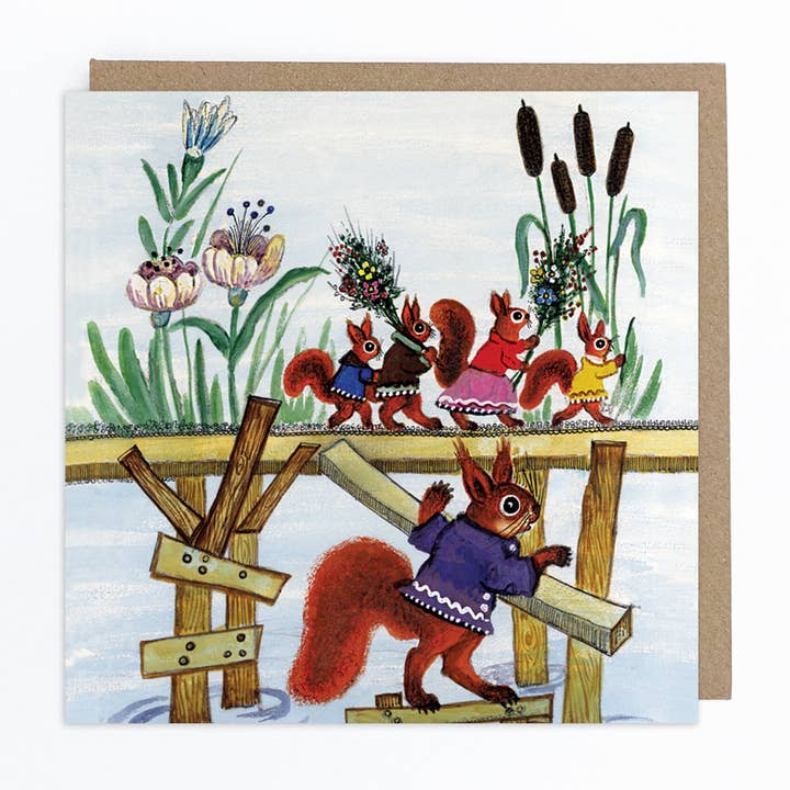 Red Squirrels on the Bridge Greeting Card for wholesale by Kapelki Art