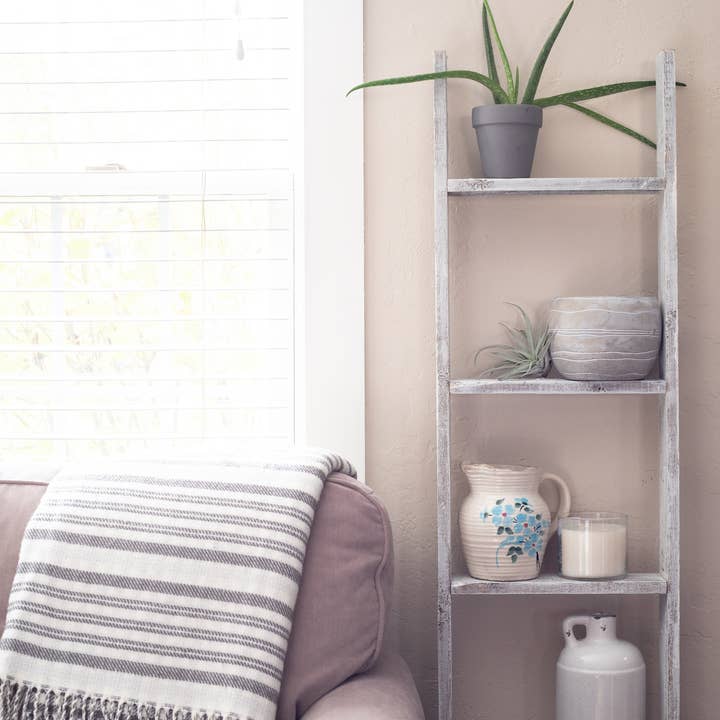 HomeRoots - Wholesale Free Standing Shelf - 60" x 15" 4 Step Rustic White Wood Ladder Shelf1