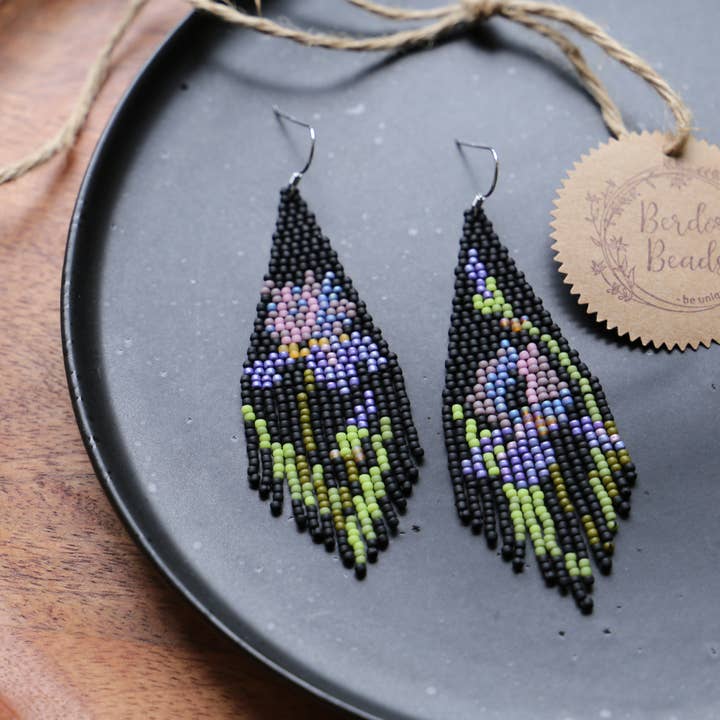 BerdorBeads - Wholesale Dangle Earrings - Dark flowers-handwoven beaded fringe earrings,rose,iris,lily2