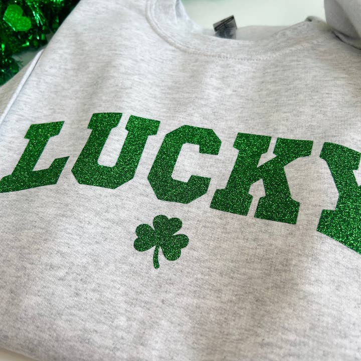 Light Gray Glitter Varsity Lucky St. Patricks Day Sweatshirt for wholesale on Faire3