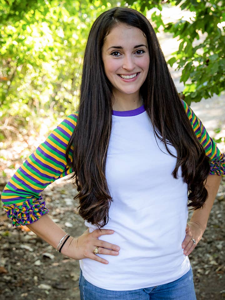 VENTE Raglan à volants pour adulte - RAYURE VIOLET/JAUNE/VERT/ blanc pour la vente par Love That Cotton