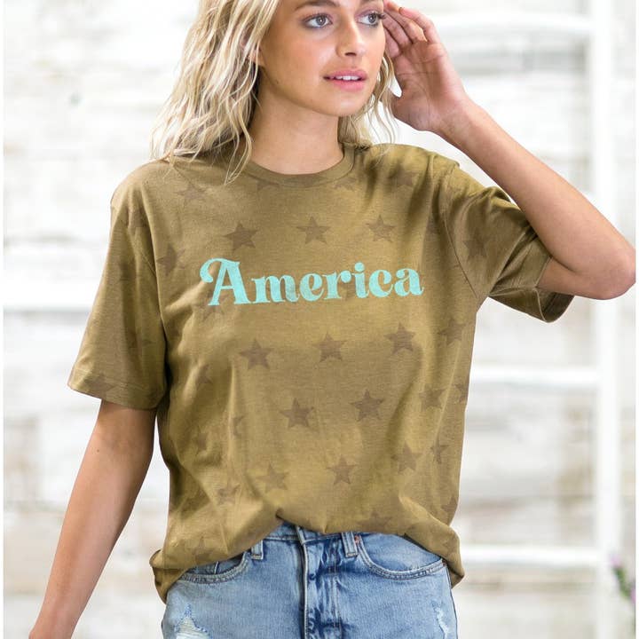 Emmaus, Inc. - Wholesale Screen Printed T-Shirt - Women's - AMERICA Star Print Graphic T-Shirt Top2