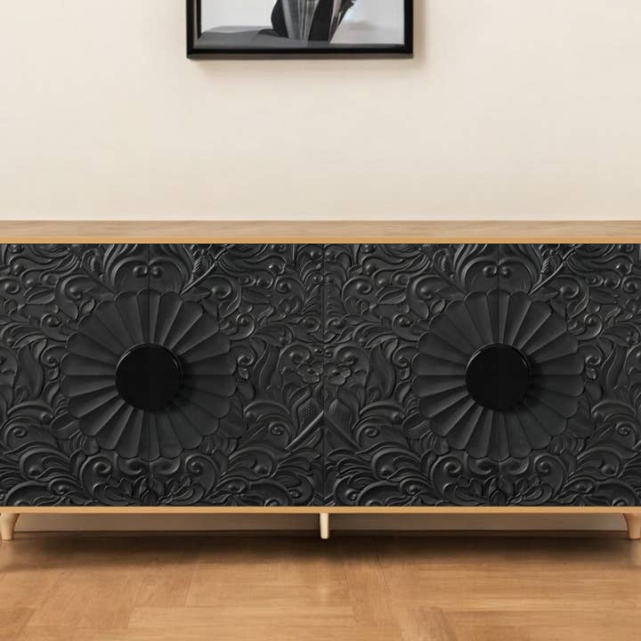 68" Natural and Black Distressed Carved Floral Sideboard for wholesale by HomeRoots