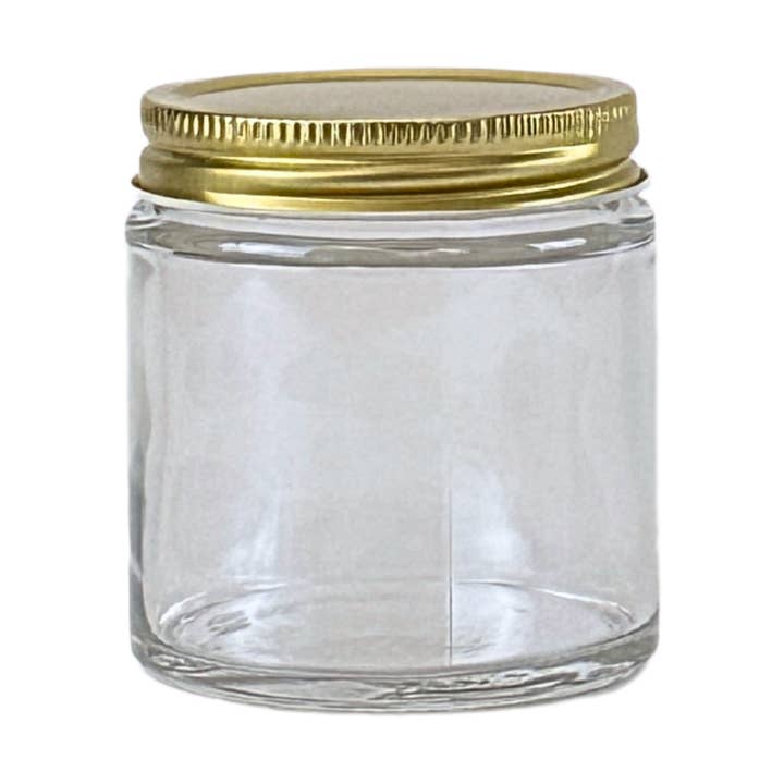 4oz Clear Glass Jar Gold Metal Lid with Plastisol for wholesale by The Bottle Shoppe