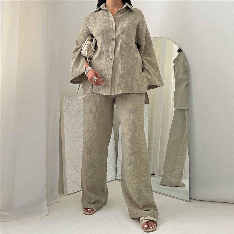 ShieldChic - Wholesale Top & Pant Set (NOT Loungewear) - Women's - Solid Color Long Sleeve Lapel Blouse And Wide Leg Pants Two Pieces Suit0