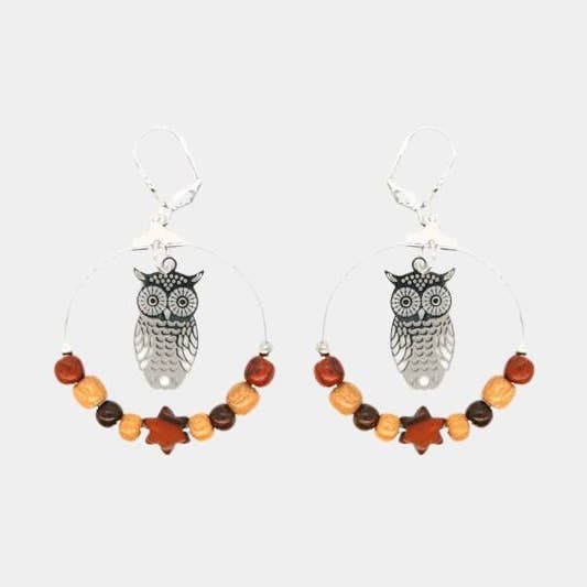 Melissa ugle træ filigran øreringe for engroshandel hos Essenciel