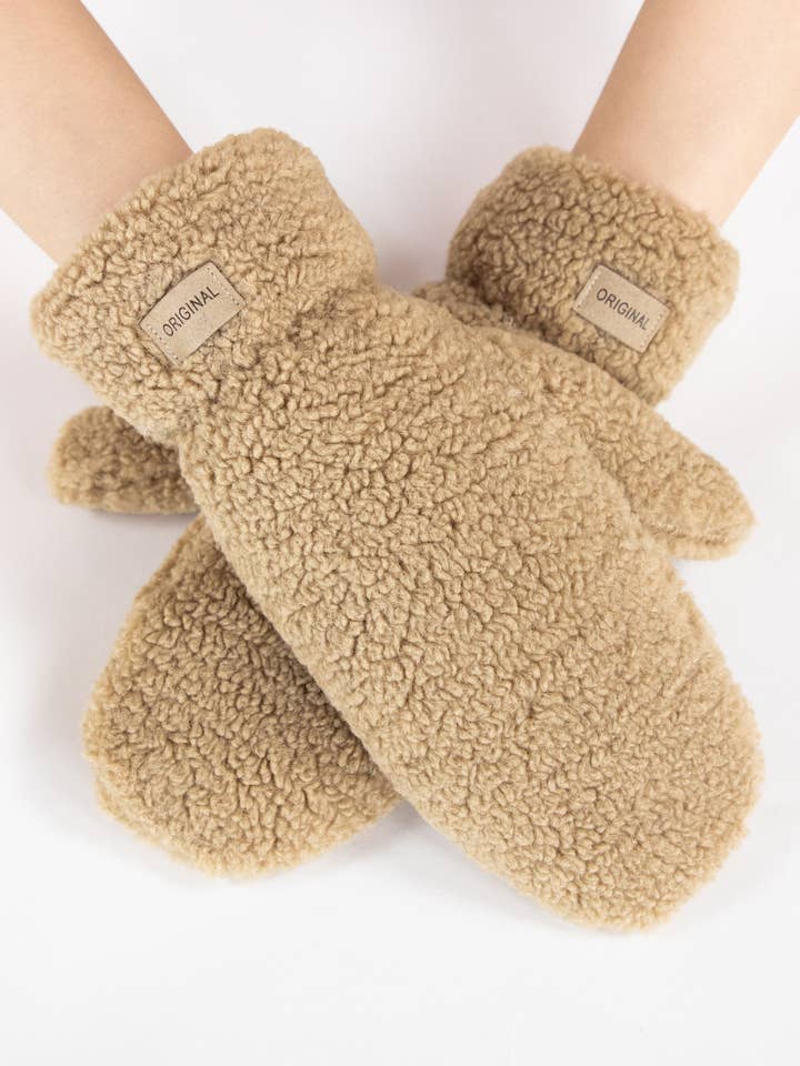 Solid Fuzzy Faux Fur Mittens - KHAKI for wholesale by Original USA
