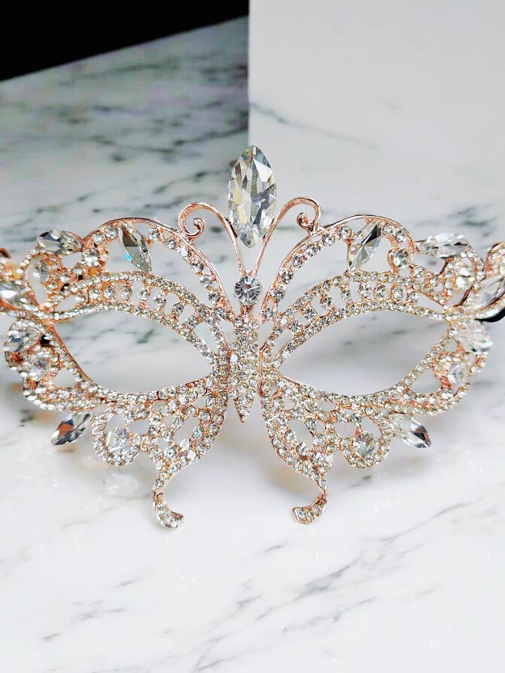 Rose Gold Mask, Clear Stone Mask, Butterfly Masquerade Mask for wholesale by Happy Dream Gifts