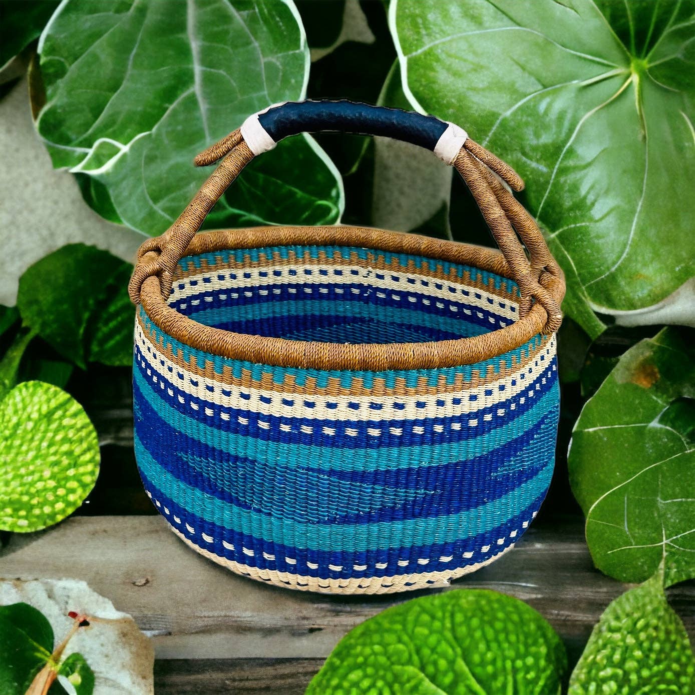 The African Home Goods - Wholesale Beach Bag - African Basket | Bolga Ghana Basket - Blue & Turquoise10