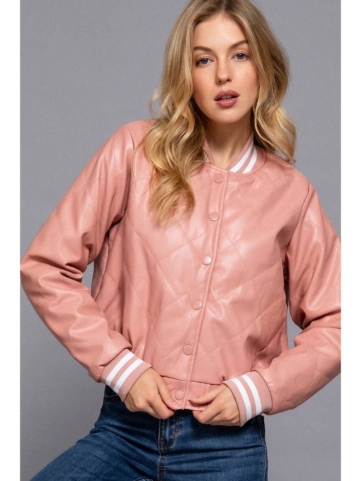 Active Basic | Active USA – wholesale Bomber jacket – Women’s – Long Sleeve Quilted PU Faux Leather Bomber Jacket