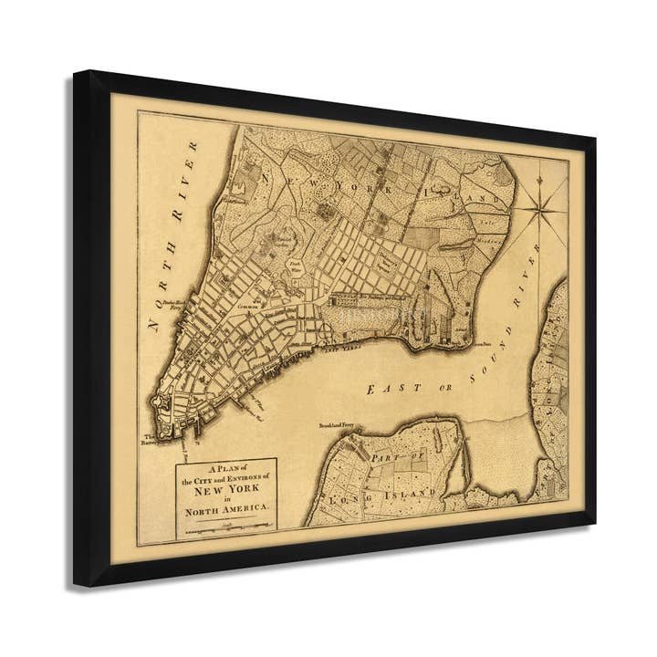 1776 Framed Vintage New York City Map - Old Wall Art Print for wholesale by Historic Prints