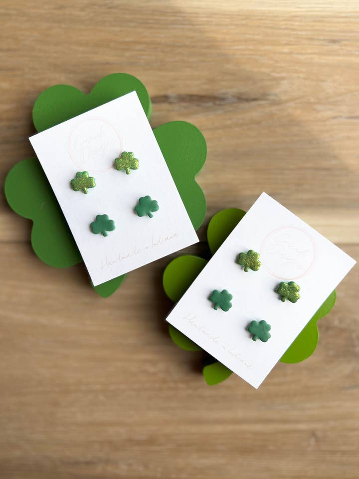 The Shamrock | Green and Sparkle Clover Clay Studs Earrings - Set of 2 for wholesale by Cascade Designs