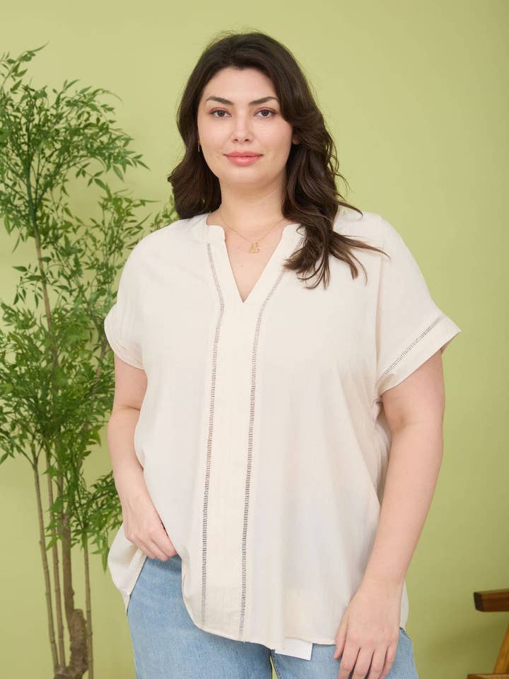 PLUS LADDER LACE TRIM SPLIT NECK SHORT SLEEVE TOP for wholesale by MINE