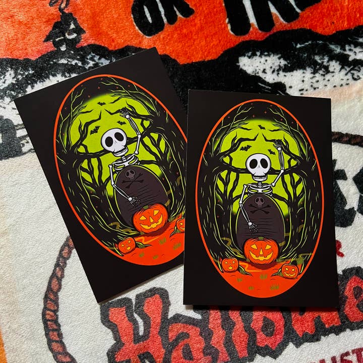 Skeleton In The Graveyard Postcard for wholesale by October 31st