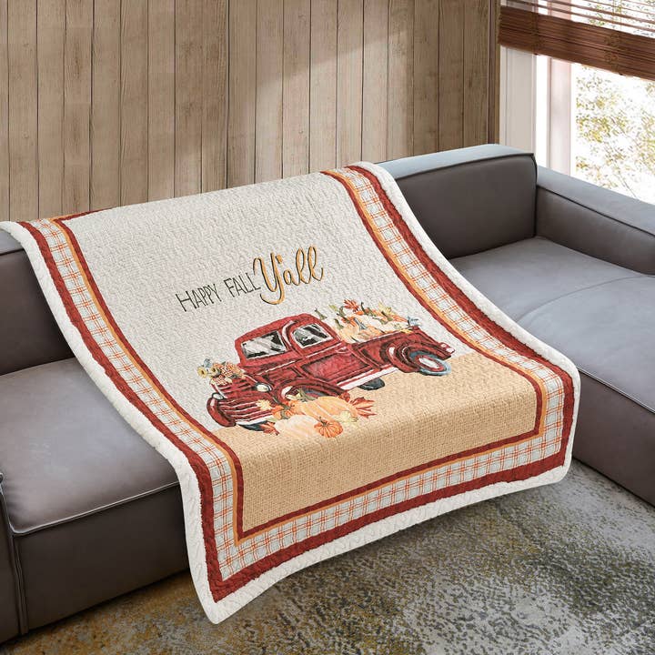 "Happy Fall Y'all" Quilted Sherpa Throw 50"x60" for wholesale by Duke Imports