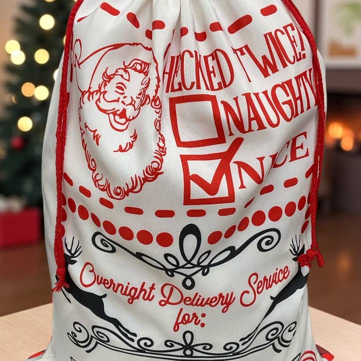 Multicolor 19" X 27"Checked twice corner printed Christmas sack. SC-18 for wholesale on Faire