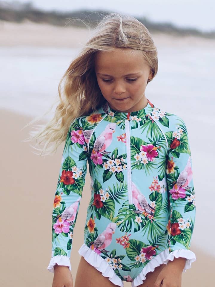 Girls Long-Sleeve UPF50+ Swimsuit - 'Gaga Galah' for wholesale by Tribe Tropical