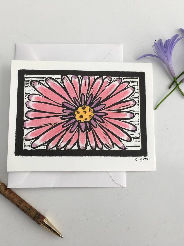 Carte de correspondance vierge à thème jardin et nature "Fleur rose" pour la vente par Sue Gross Design Studio