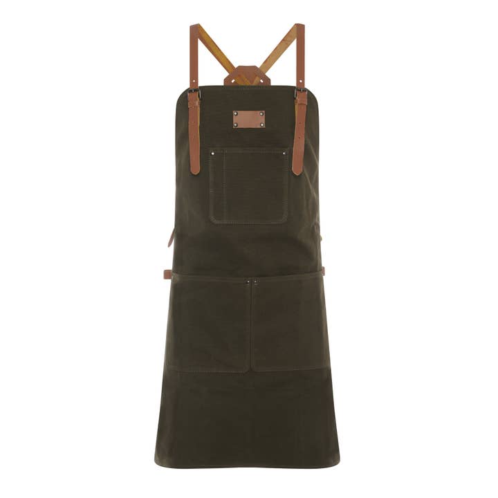 Theodore Waxed Canvas Work Apron – Leather Cross-Back Straps, Heavy-Duty Utility Design (Olive & Black) for wholesale by Theodore Leather