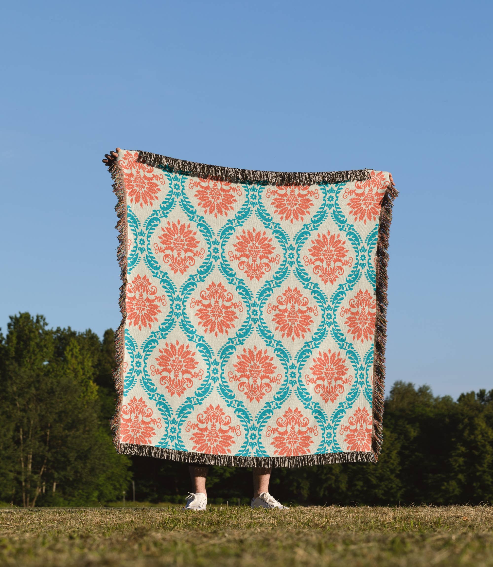 3dRose – Großhandel Überwurfdecke – 3dRose, Dooni Designs Mandarine Orange und Aqua Blau Verziertes Damastmuster, Decke1