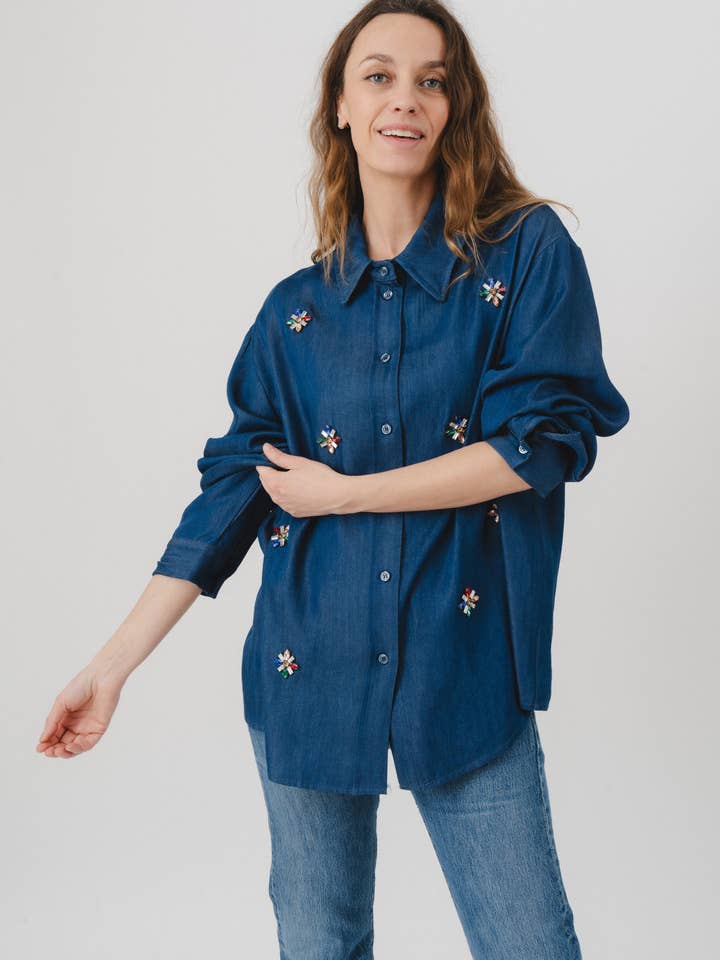 Fluid lyocell shirt with floral embellishments for wholesale by JULIA PARIS