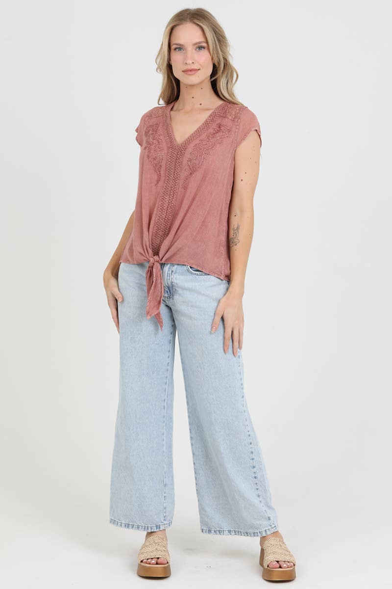 Nostalgia - Wholesale Blouse - Women's - N2U60-ASIS V NECK TIE WAIST TOP WTIH EMBROIDERY AND LACE28