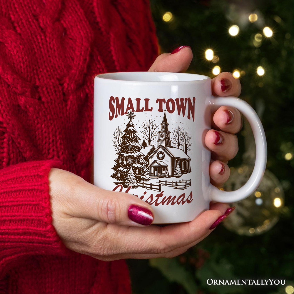 Blanco Taza de Regalo Vintage de Navidad de Pueblo Pequeño, Iglesia Rústica de Invierno de venta al por mayor en Faire3