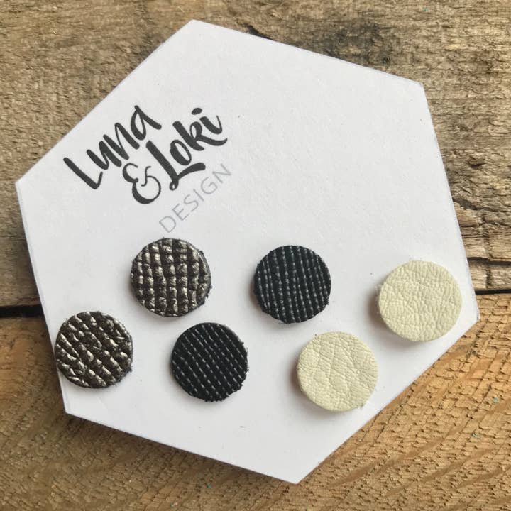 Meghan - Conjunto de brincos circulares de couro - Saffiano Gunmetal, Saffiano Black, creme para ossos por atacado de Luna And Loki Design