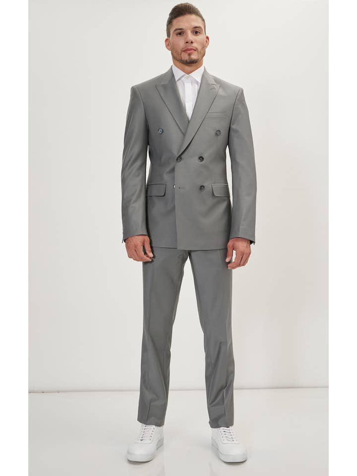 GRIS OSCURO Traje con doble botonadura de lana merino Super 120S para hombre, color gris oscuro de venta al por mayor en Faire