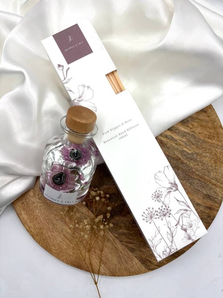 Pink Pepper & Rose Botanical Reed Diffuser, Boxed, 100ml for wholesale by Beatrice & Lilly