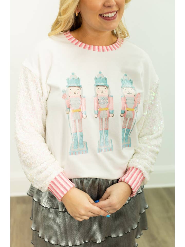 Glitter Nutcrackers on White Top with Sequin Sleeves for wholesale on Faire10