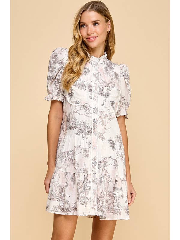 BLUSH CD05131-Pink Toile Printed Button Up Dress for wholesale on Faire