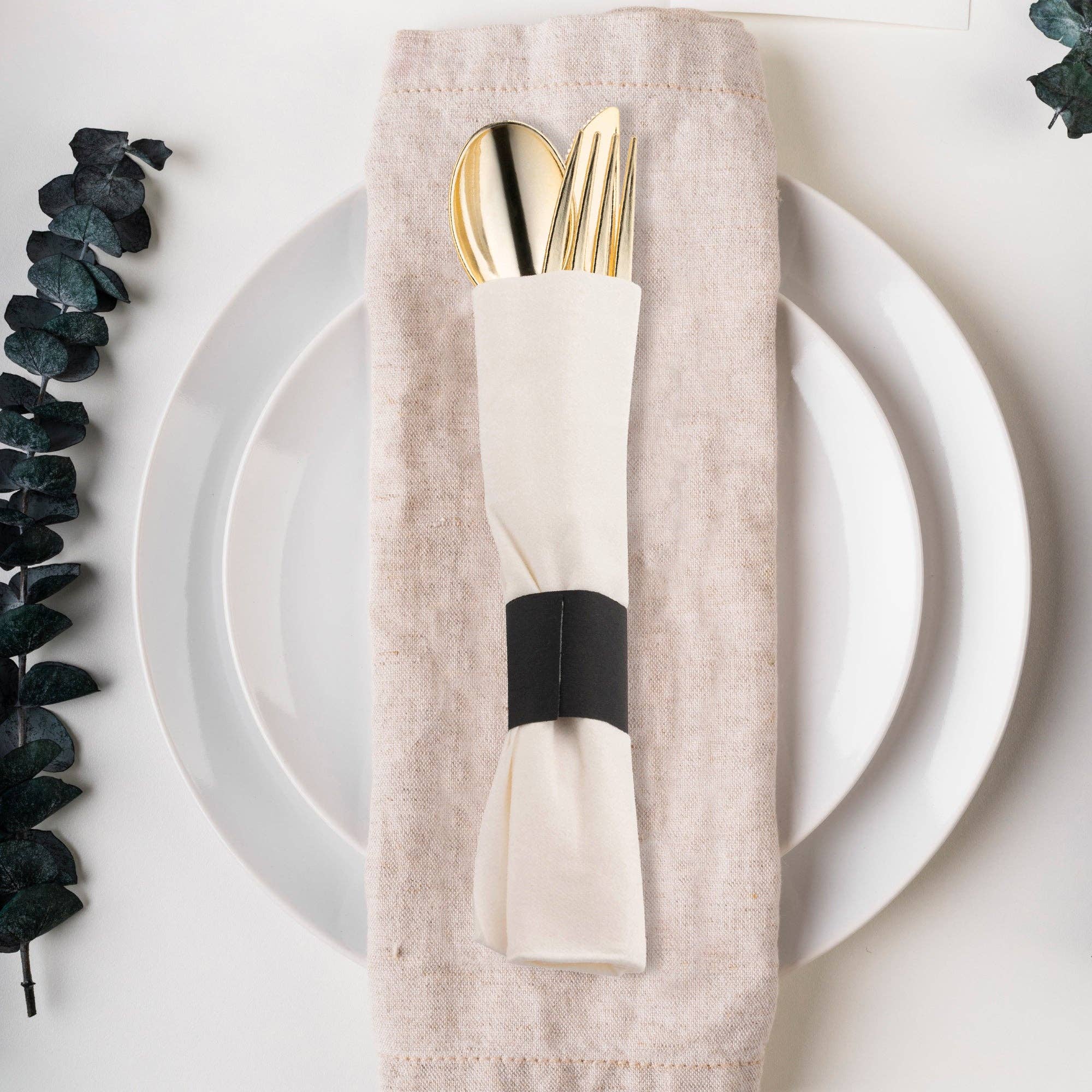 Smarty had a Party - Wholesale Disposable Servingware Set - Gold Plastic Cutlery in White Napkin Rolls Set - 10 Guests5