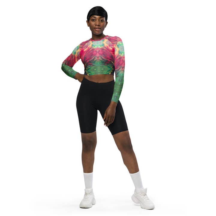 Recycled long-sleeve crop top, phoenix rising for wholesale by The Pastel Abstract
