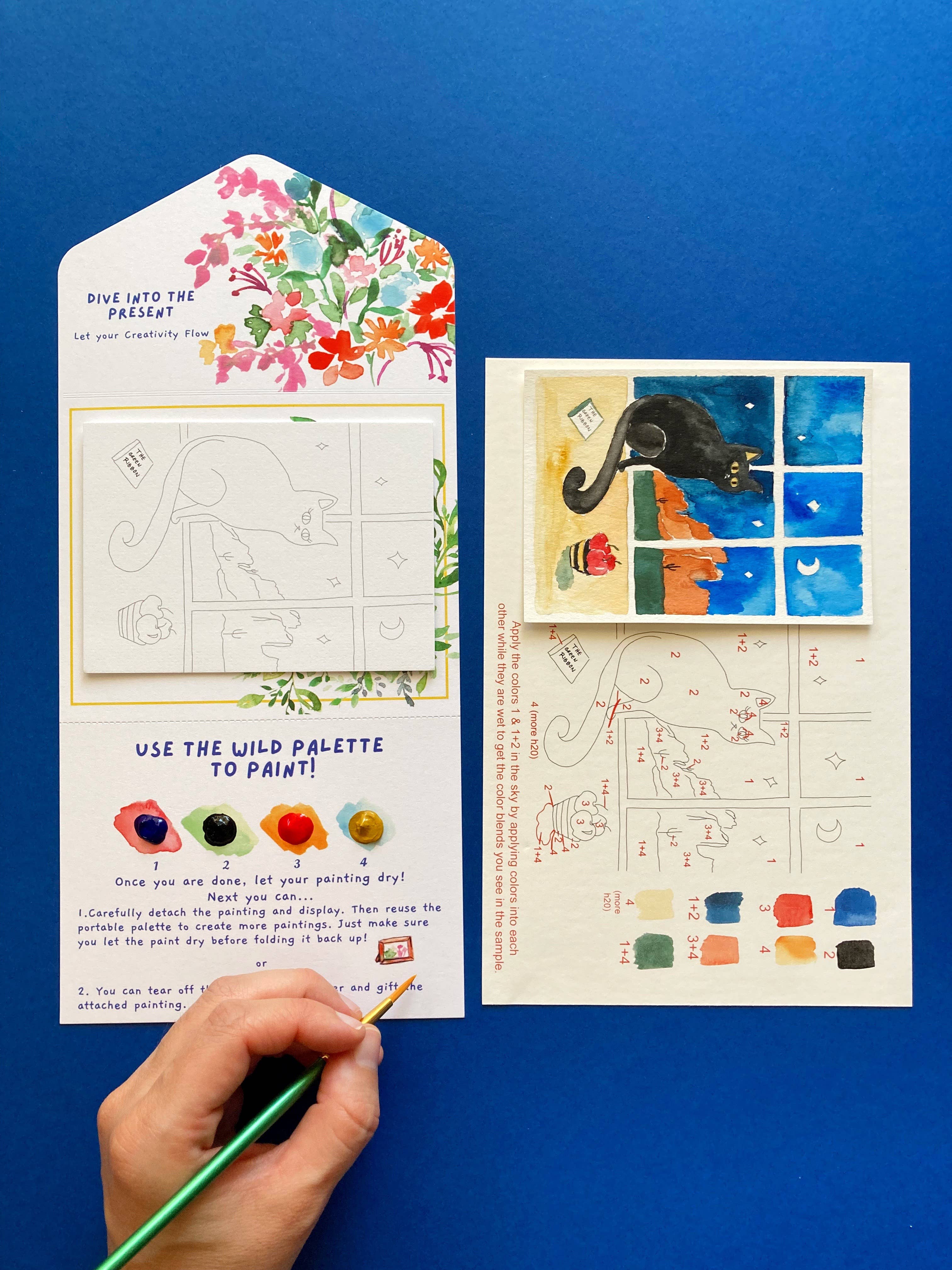 Pink Puddle Studio - Wholesale DIY Craft Kit - Black Cat Night Winter Watercolor Paint by Number DIY Kit 4