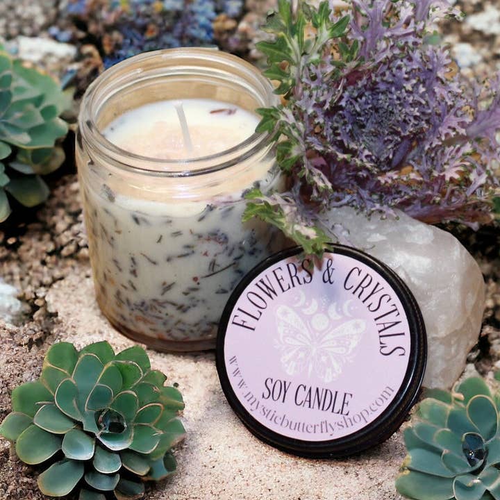 Flower & Crystal Candle for wholesale by The Mystic Butterfly Shop