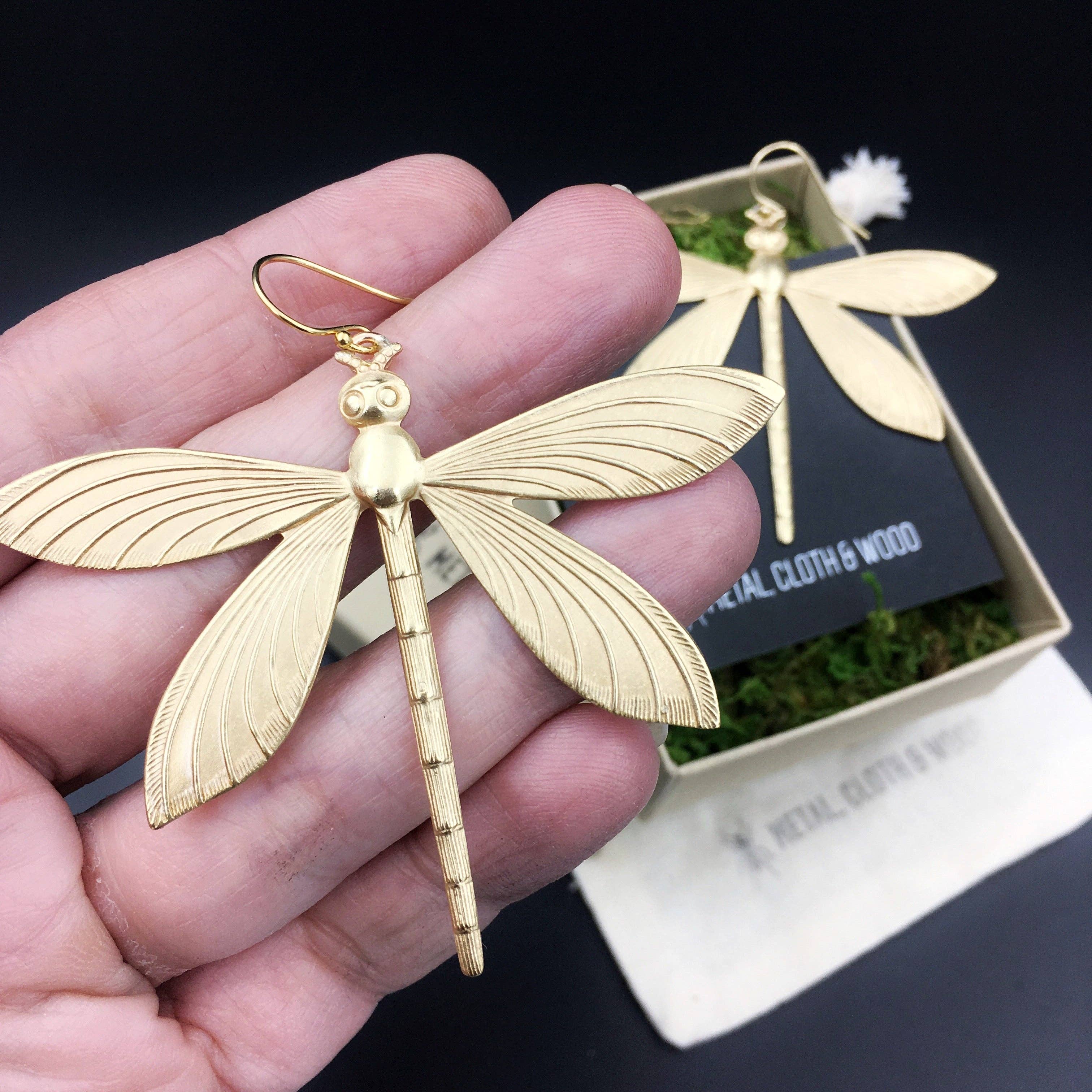 Metal Cloth & Wood - Wholesale Dangle Earrings - Brass Dragonfly Insect Earrings -- Available in Antiqued or Bright Gold!0