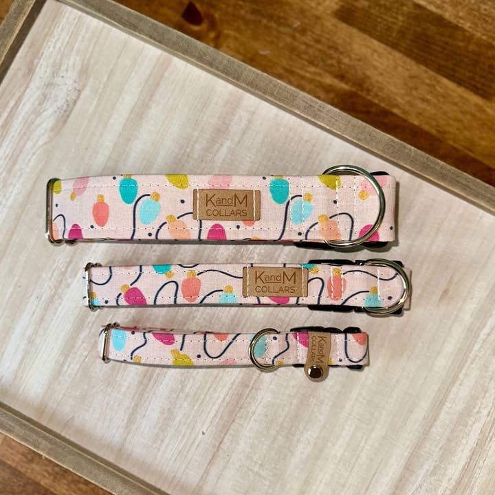 K and M Collars, LLC - Wholesale Pet Collar - Dog - Pink Christmas Lights Dog Collar, Bright, Colorful