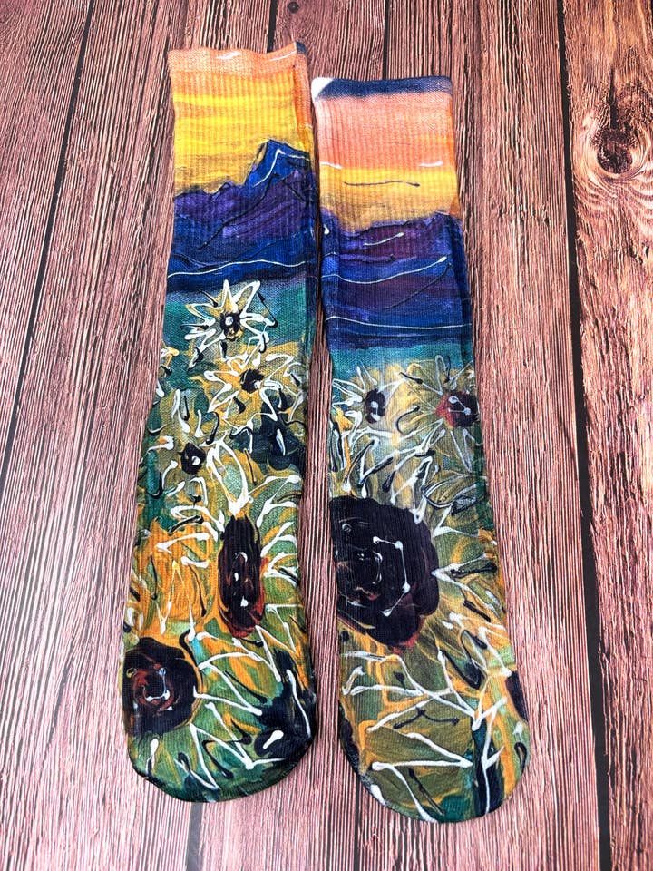Calcetines sublimados con campo de girasoles para venta al por mayor de Third Wolf Designs