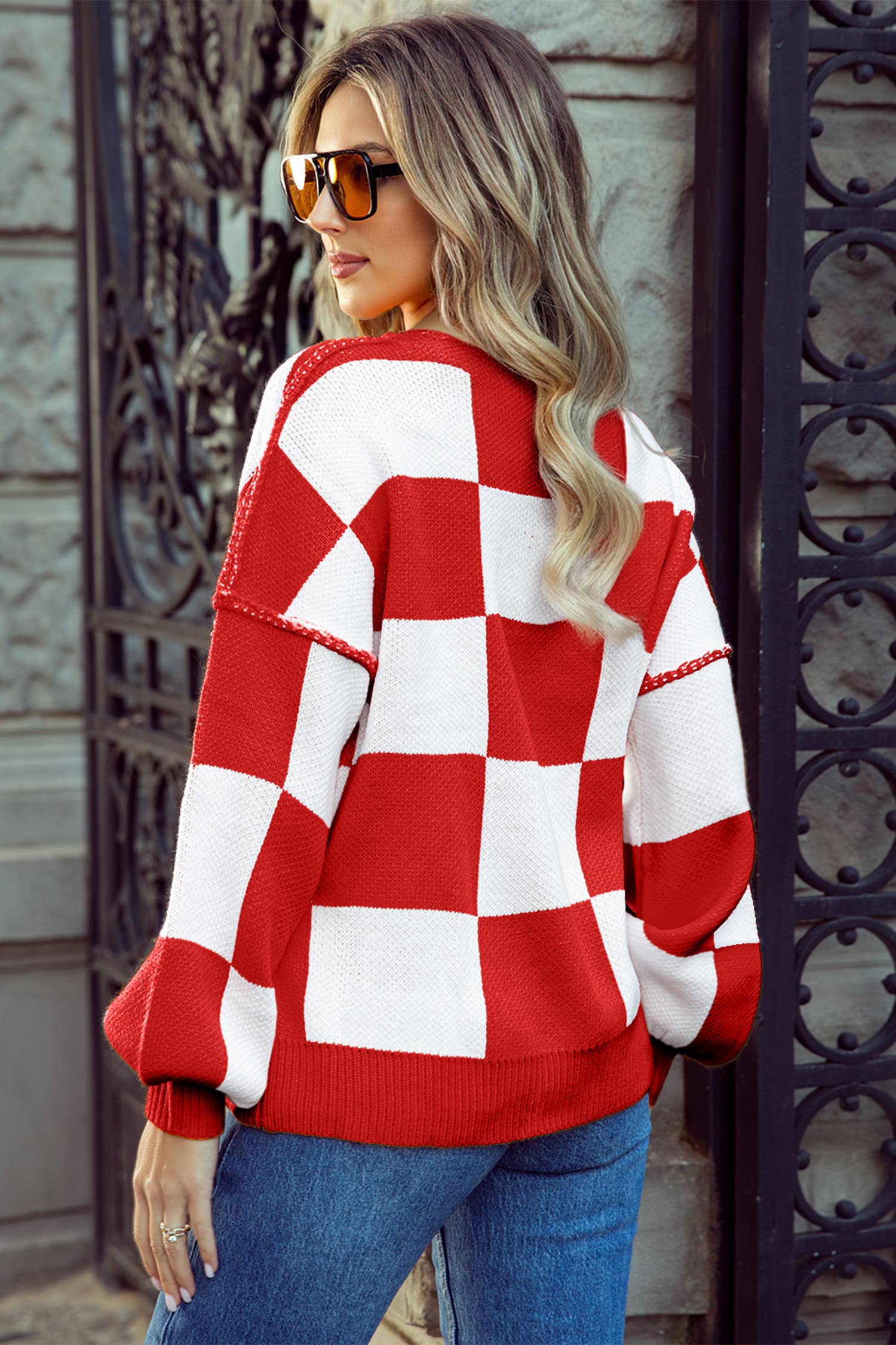 1 the Woman - Vente Pull en maille – femme - Pull à manches bishop à carreaux Printemps 2026 | 11 couleurs22