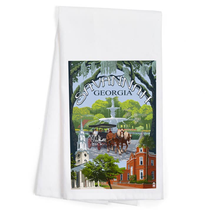 ORGANIC TEA TOWEL Savannah, Georgia, Town Views for wholesale by Lantern Press